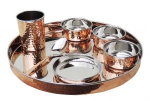 Copper Steel Hand Made Kitchen Plate/thali Dinner Set, Brown, 7 Piece