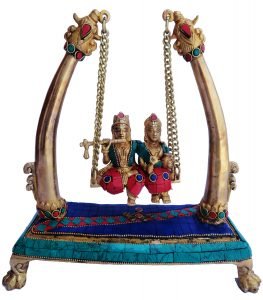 Brass Radha Krishna Under Tree Staute Idol Murti Studded with Turquoise Coral stone work- 10*4*11 Inch