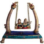 Brass Radha Krishna Under Tree Staute Idol Murti Studded with Turquoise Coral stone work- 10*4*11 Inch - Image 2