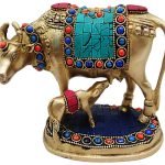 Brass Cow With Calf Gaye Bacdha with Turquoise Coral stone work- 5*3.5*5.5 Inch