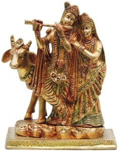 Brass Radha Krishna with Cow Staute Idol Murti in Multicolour lacquer finish - 5.5*4*7.5Inch