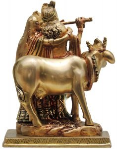 Brass Radha Krishna with Cow Staute Idol Murti in Multicolour lacquer finish - 5.5*4*7.5Inch - Image 2