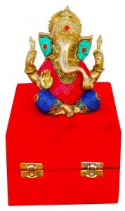 Brass Ganeshji With Turquoise Coral Stone Work Packed In Red Velvet Box - 5*3*6 inch