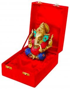Brass Ganeshji With Turquoise Coral Stone Work Packed In Red Velvet Box - 5*3*6 inch - Image 5