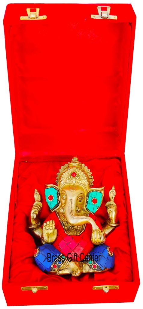 Brass Ganeshji With Turquoise Coral Stone Work Packed In Red Velvet Box - 5*3*6 inch - Image 6