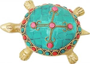 Brass Tortoise Kachua With Turquoise Coral Stone Work - 7*4.3*2 Inch