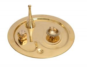 Brass Puja Thali Set with Deepak, Agarbatti Stand and Ganti (Bell)  - 9 Inch - Image 3