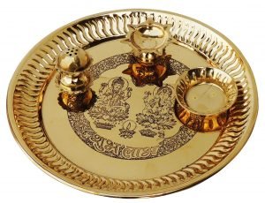 Brass Puja Pooja Thali With Deepak Agarbatti Stand And Roli Hold With Agarbatti And Sindur Packet - 11.7*11.7*1.8 inch
