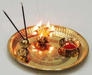 Brass Puja Pooja Thali With Deepak Agarbatti Stand And Roli Hold With Agarbatti And Sindur Packet - 11.7*11.7*1.8 inch - Image 3
