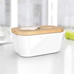 Butter Dishes Ceramic, A Large Porcelain Butter Keeper with Bamboo Lid and Steel Knife Butter Dish with Wooden Top Cover - Image 2