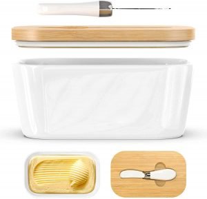 Butter Dishes Ceramic, A Large Porcelain Butter Keeper with Bamboo Lid and Steel Knife Butter Dish with Wooden Top Cover - Image 5