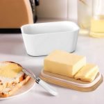 Butter Dishes Ceramic, A Large Porcelain Butter Keeper with Bamboo Lid and Steel Knife Butter Dish with Wooden Top Cover - Image 3