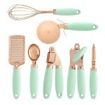 Kitchen Utensils Tools 7 Pcs 100% Pure Copper With Soft Silicone Touch Handles | Kitchen Gadget Set | Can Opener, Pizza Cutter, Ice-cream Scoop, Cheese Grater, Peeler, Garlic Press, Whisk (Mint Green)