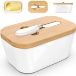 Butter Dishes Ceramic, A Large Porcelain Butter Keeper with Bamboo Lid and Steel Knife Butter Dish with Wooden Top Cover