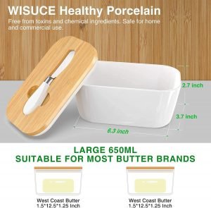 Butter Dishes Ceramic, A Large Porcelain Butter Keeper with Bamboo Lid and Steel Knife Butter Dish with Wooden Top Cover - Image 7