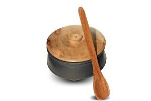 Set of 3 Clay Pots for Cooking on Gas with Mangowood Lid (Black Color, Unglazed, 1.5/ 2.5/ 3.5 L) (Wooden Spatula, Stand, Natural Scrub) - Image 4