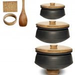 Set of 3 Clay Pots for Cooking on Gas with Mangowood Lid (Black Color, Unglazed, 1.5/ 2.5/ 3.5 L) (Wooden Spatula, Stand, Natural Scrub)