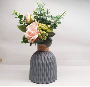 Artificial Fiber Vase Gray Pot with Artificial Pink Rose & Multicolor Plants 33cm