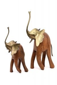 2 Wooden Elephants with Golden Head | Wooden Figurines & Sculptures - Handcrafted | Suitable for Home Décor and Gifting | Set of 2 | Premium Showpiece (42cm & 31cm)