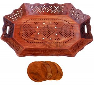 Large Wooden Tray - 18x12 Inch, Tea Tray with 4 Wooden Coasters, Hand Carved Serving Tray with Brass Inlay, Wooden Tray for Decoration, Wooden Tray for Serving 10 Cups - Image 5