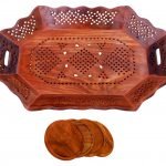 Large Wooden Tray - 18x12 Inch, Tea Tray with 4 Wooden Coasters, Hand Carved Serving Tray with Brass Inlay, Wooden Tray for Decoration, Wooden Tray for Serving 10 Cups