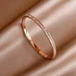 18K Gold Plated Stainless Steel Openable Crystal Bracelet | Latest Stylish Cuff Bangle | Love Friendship Couples Gifts for Women Girls Mother Sister Wife Girlfriend - Image 2