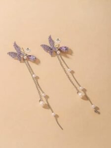 Crystal Danglers Earrings for Women | Purple Earrings for Girls | Fashion Women Earrings | Butterfly Shaped Long Chain Earrings | Birthday Gift For Girls Anniversary Gift for Wife - Image 4