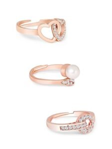 Set of 3 Rose Gold Contemporary Cubic Zirconia Brass Adjustable Rings For Women - Image 2