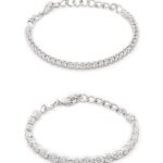 Set of 2 Silver Tone Contemporary Cubic Zirconia Brass Tennis Bracelets For Women