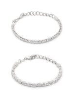 Set of 2 Silver Tone Contemporary Cubic Zirconia Brass Tennis Bracelets For Women