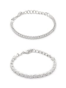Set of 2 Silver Tone Contemporary Cubic Zirconia Brass Tennis Bracelets For Women