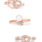 Set of 3 Rose Gold Contemporary Cubic Zirconia Brass Adjustable Rings For Women