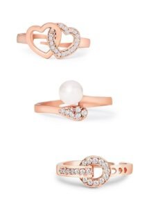 Set of 3 Rose Gold Contemporary Cubic Zirconia Brass Adjustable Rings For Women
