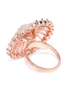American Diamond Ring for Women | Round Flower Design | Rose Gold Ring (Plated) | Adjustable Fit | Oversized Cocktail Ring for Girls for Wedding & Parties - Image 3