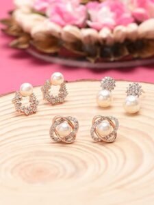 Combo of 3 Cubic Zirconia & Pearls Contemporary Stud Earrings For Women - Image 6