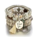 I Love You Feather Tassel Charm Multilayer Beaded Bangle Bodhi Bracelet for Women and Girls