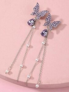 Crystal Danglers Earrings for Women | Purple Earrings for Girls | Fashion Women Earrings | Butterfly Shaped Long Chain Earrings | Birthday Gift For Girls Anniversary Gift for Wife - Image 6