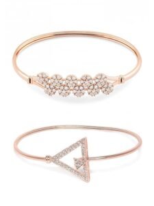 Set of 2 Rose Gold Contemporary Cubic Zirconia Brass Kada Style Bracelet For Women