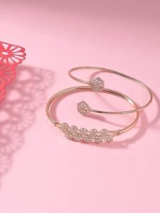 Set of 2 Rose Gold Contemporary Cubic Zirconia Brass Kada Style Bracelet For Women - Image 6