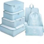 7pcs Set Travel Organizer Packing Cubes Lightweight Travel Luggage Organizers with Laundry Bag or Toiletry Bag Laundry Organiser (7 PCS, Light Blue, Polyester)