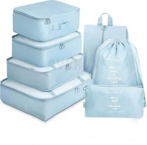7pcs Set Travel Organizer Packing Cubes Lightweight Travel Luggage Organizers with Laundry Bag or Toiletry Bag Laundry Organiser (7 PCS, Light Blue, Polyester)