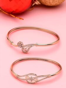 Set of 2 Rose Gold Cubic Zirconia Contemporary Brass Kada Bracelets For Women - Image 6