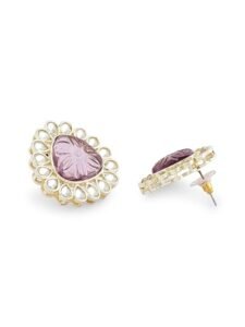 Pink Purple Stones Embellished Kundan Necklace Earring & Ring Set For Women - Image 3