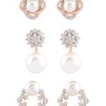 Combo of 3 Cubic Zirconia & Pearls Contemporary Stud Earrings For Women