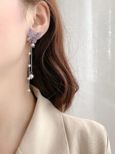 Crystal Danglers Earrings for Women | Purple Earrings for Girls | Fashion Women Earrings | Butterfly Shaped Long Chain Earrings | Birthday Gift For Girls Anniversary Gift for Wife - Image 5