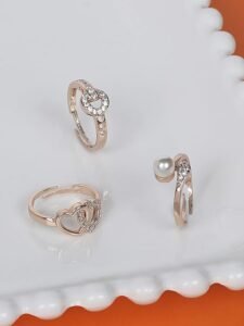Set of 3 Rose Gold Contemporary Cubic Zirconia Brass Adjustable Rings For Women - Image 5