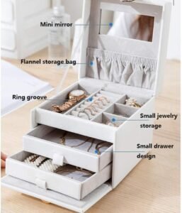 PU Leather Jewelry Box, 3 Layer Jewelry Storage Organizer Box, Mirrored Women Jewelry Storage Box Modern Travel Jewelry Box for Earring Necklace Display Case Cabinet, Lockable