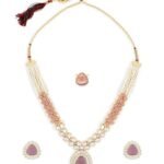 Pink Purple Stones Embellished Kundan Necklace Earring & Ring Set For Women