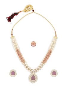 Pink Purple Stones Embellished Kundan Necklace Earring & Ring Set For Women