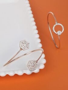 Set of 2 Rose Gold Contemporary Cubic Zirconia Brass Kada Style Bracelet For Women - Image 6